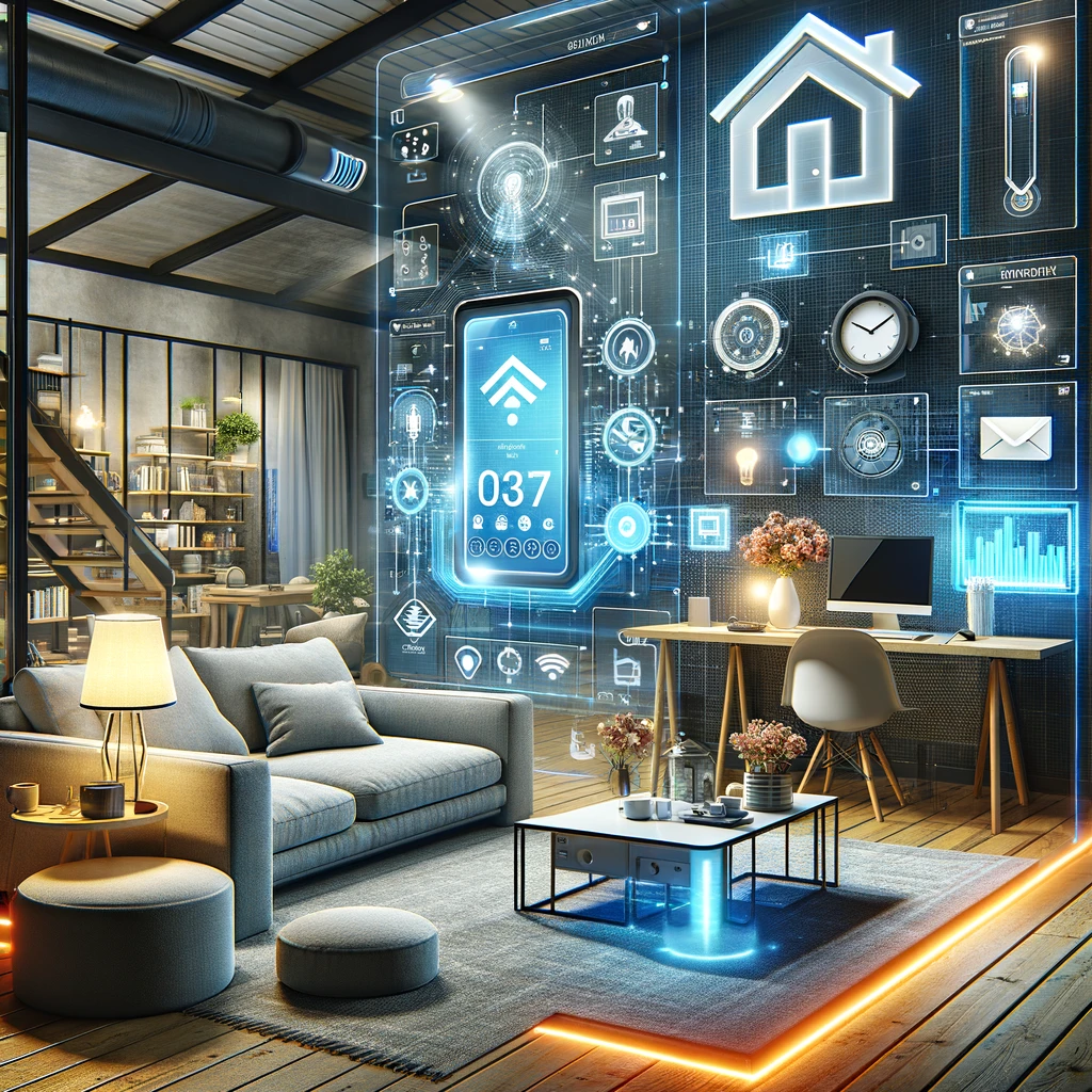 smart technology in manufactured homes, highlighting a living room equipped with smart home systems for lighting, temperature control, and security, embodying the future of living with technology